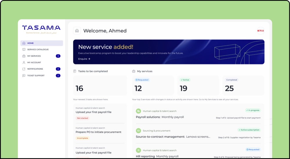 Tasama client portal dashboard